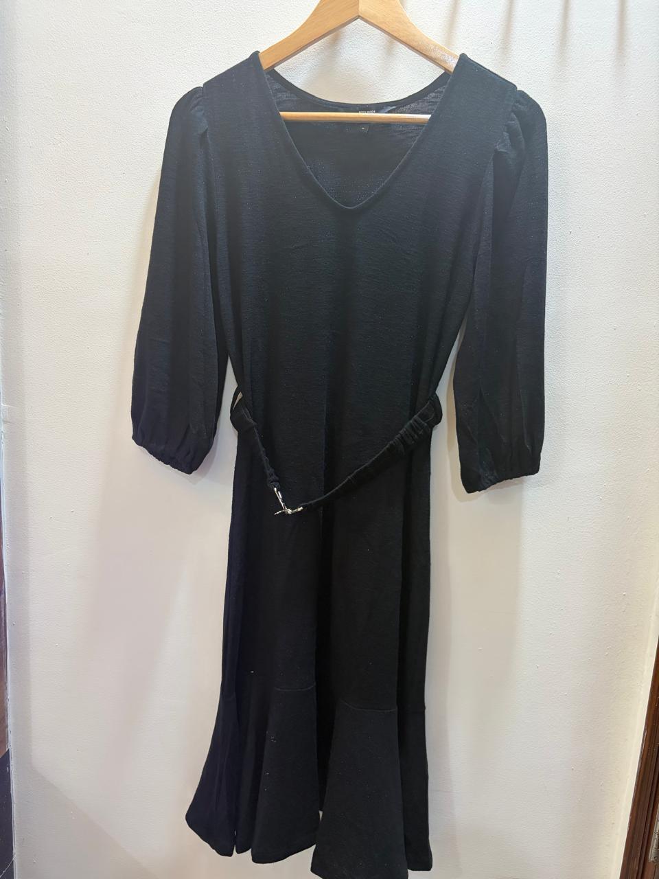 Women's Black V-Neck Flared Midi Dress | Full Sleeve A-Line Dress with Waist Belt