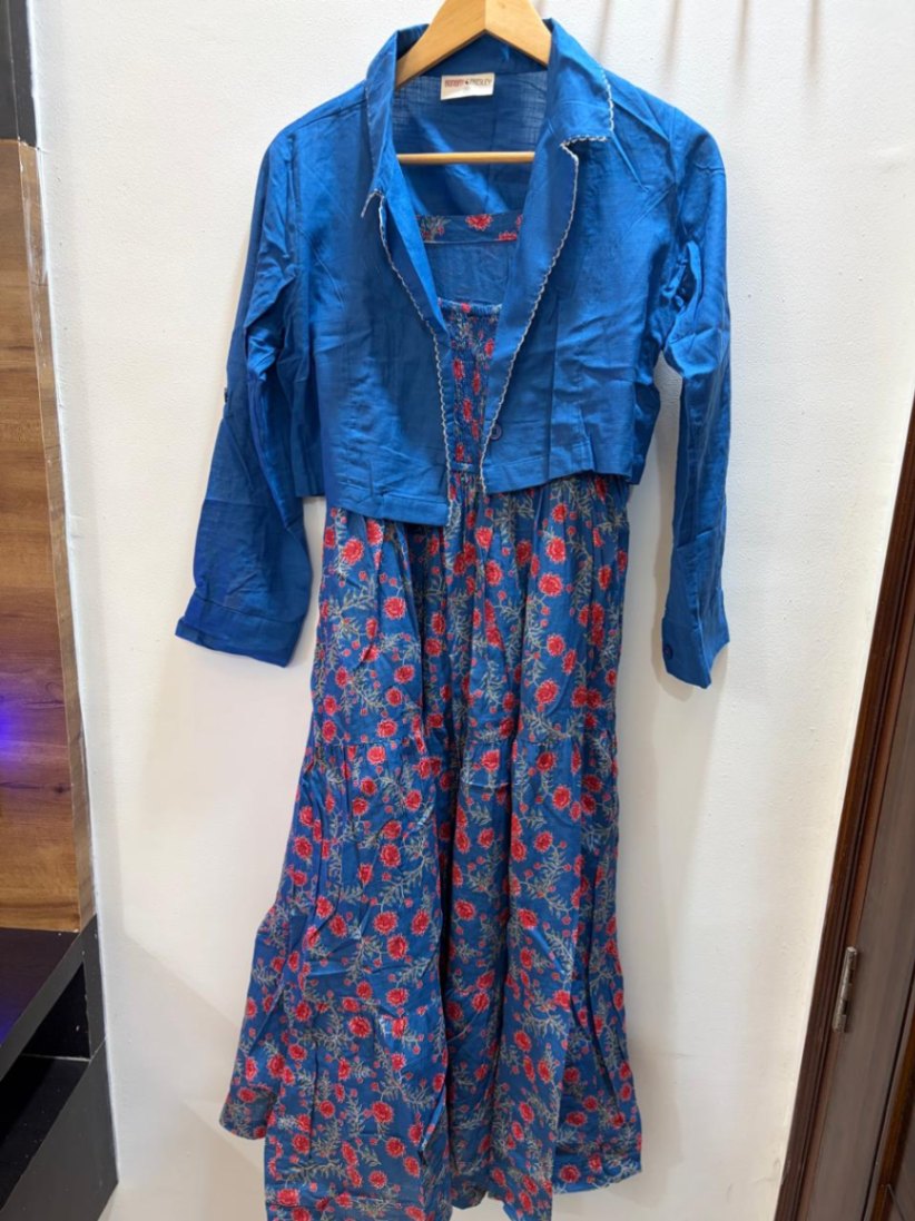 Women's Blue Floral Printed Maxi Dress with Cropped Jacket | Long Sleeve Layered Ethnic-Fusion Dress