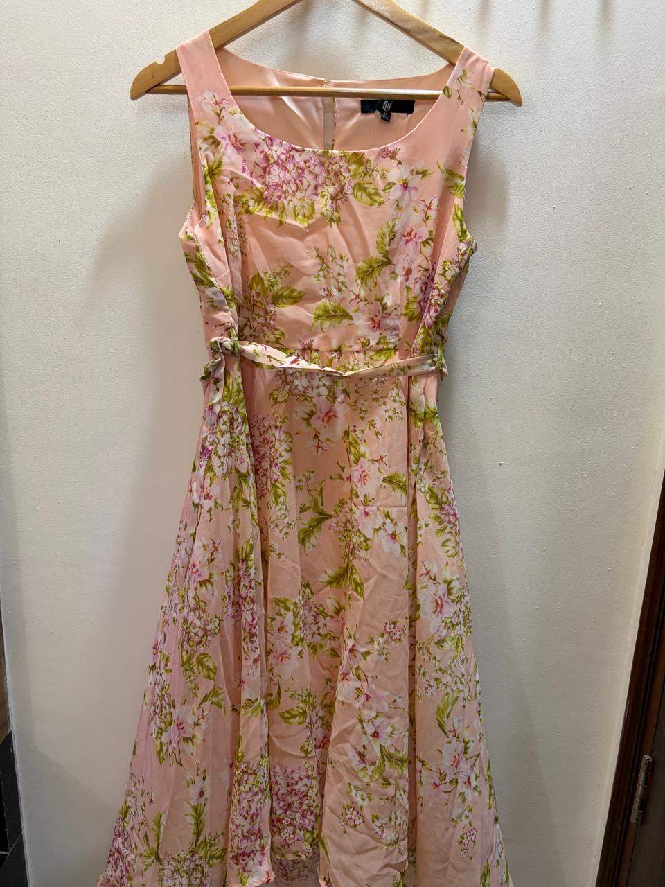 Women's Blush Pink Floral Maxi Dress | Sleeveless A-Line Dress with Tie Waist