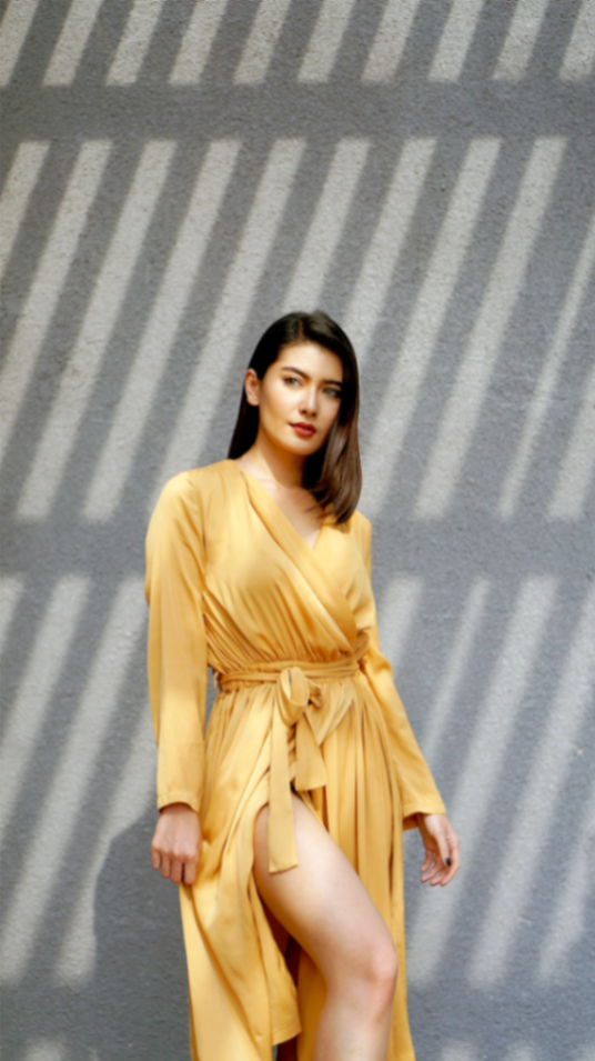 Elegant Mustard Yellow Wrap Maxi Dress with Waist Tie