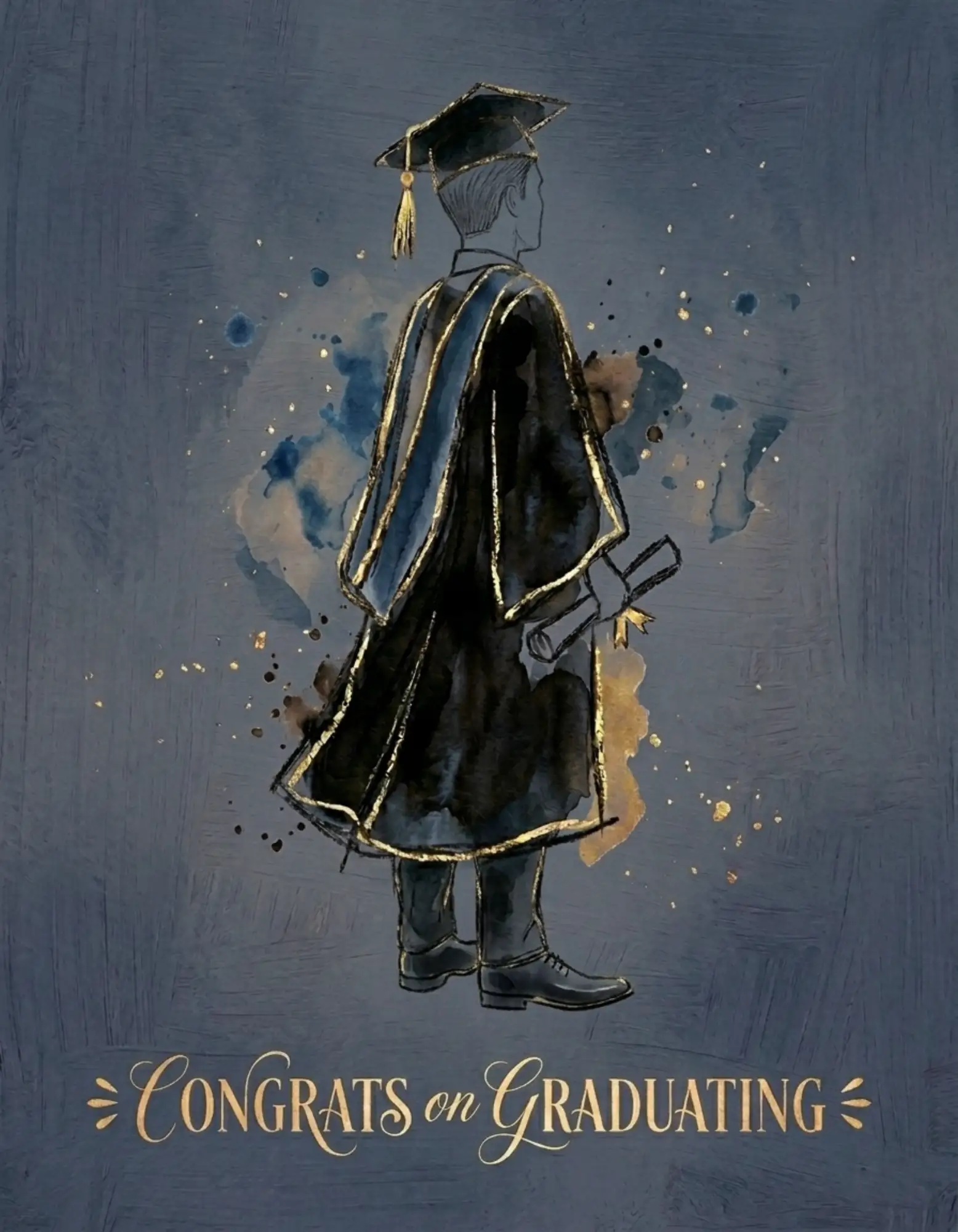 Graduation card with a hand-drawn graduate and gold accents.