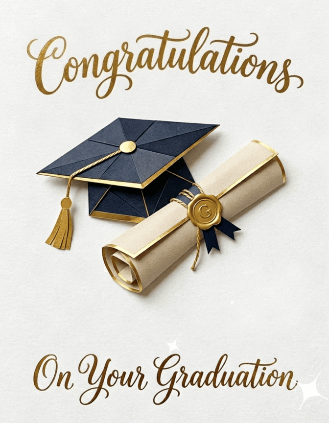 Graduation card with elegant black mortarboard and diploma.