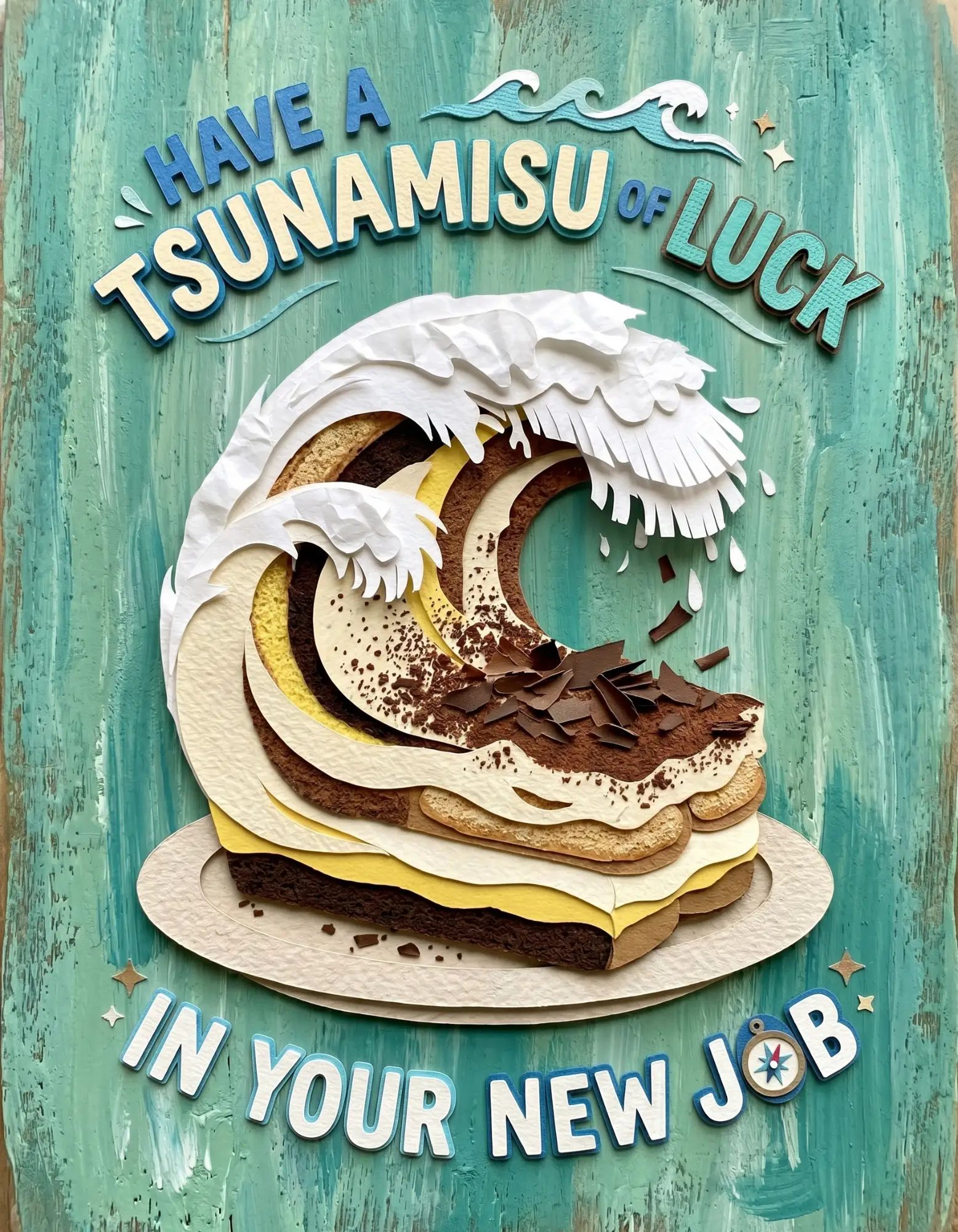 Leaving card with a cartoon tiramisu wave design.