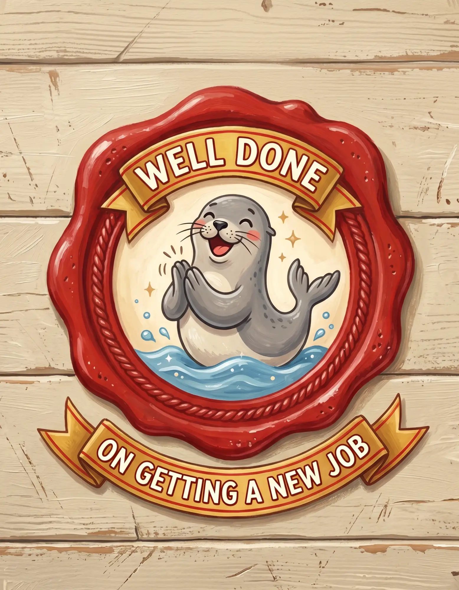 Leaving card with cartoon seal, celebrating a new job.