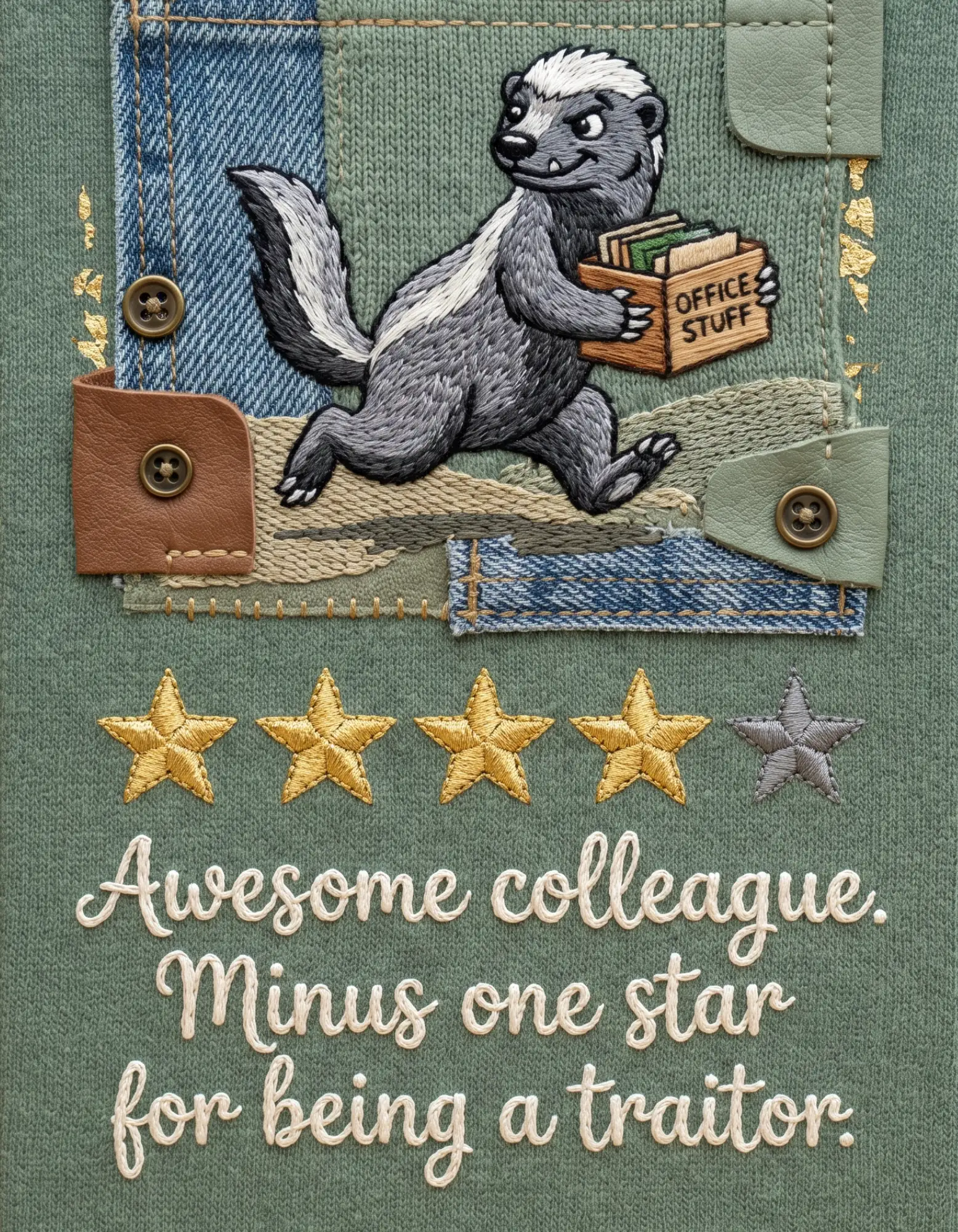 Leaving card with a cartoon badger in a playful embroidered style.