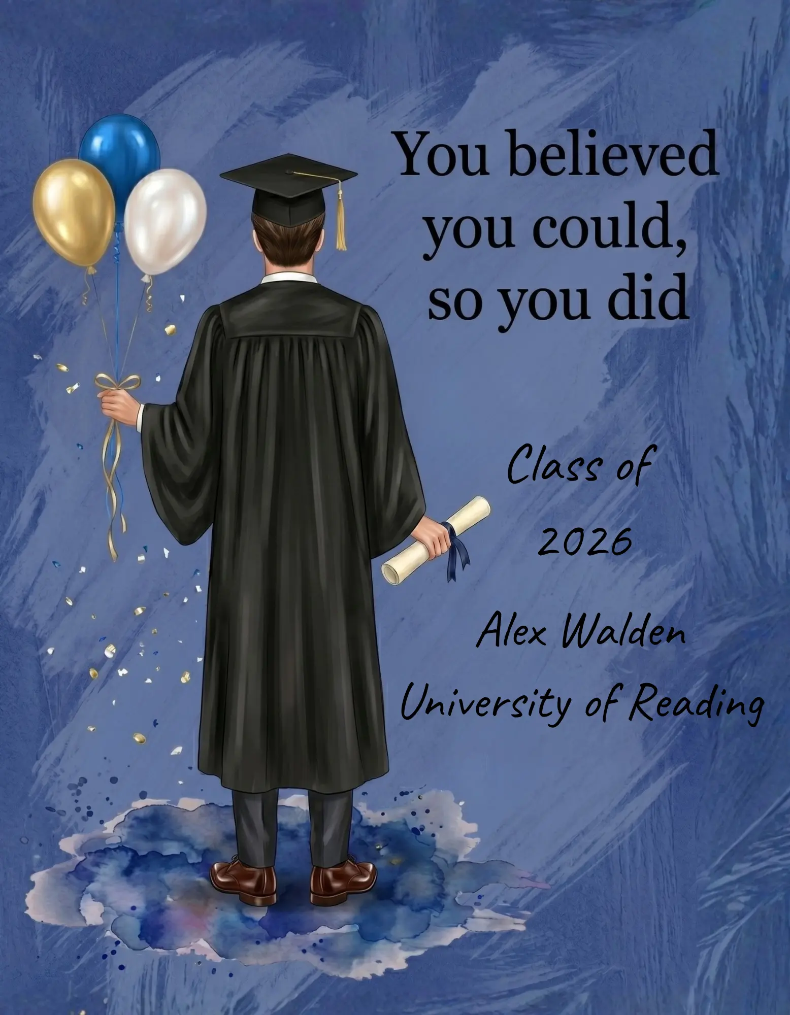 Graduation card with an elegant illustration of a graduate holding balloons.