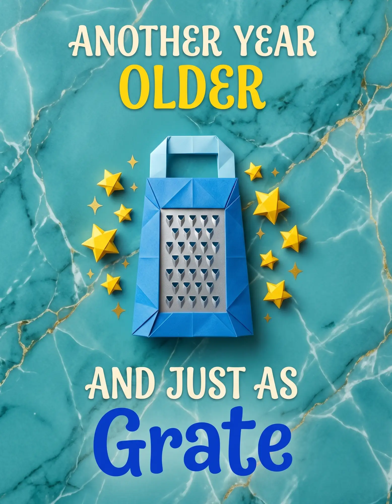 Birthday card with cartoon cheese grater and stars on a marble background.