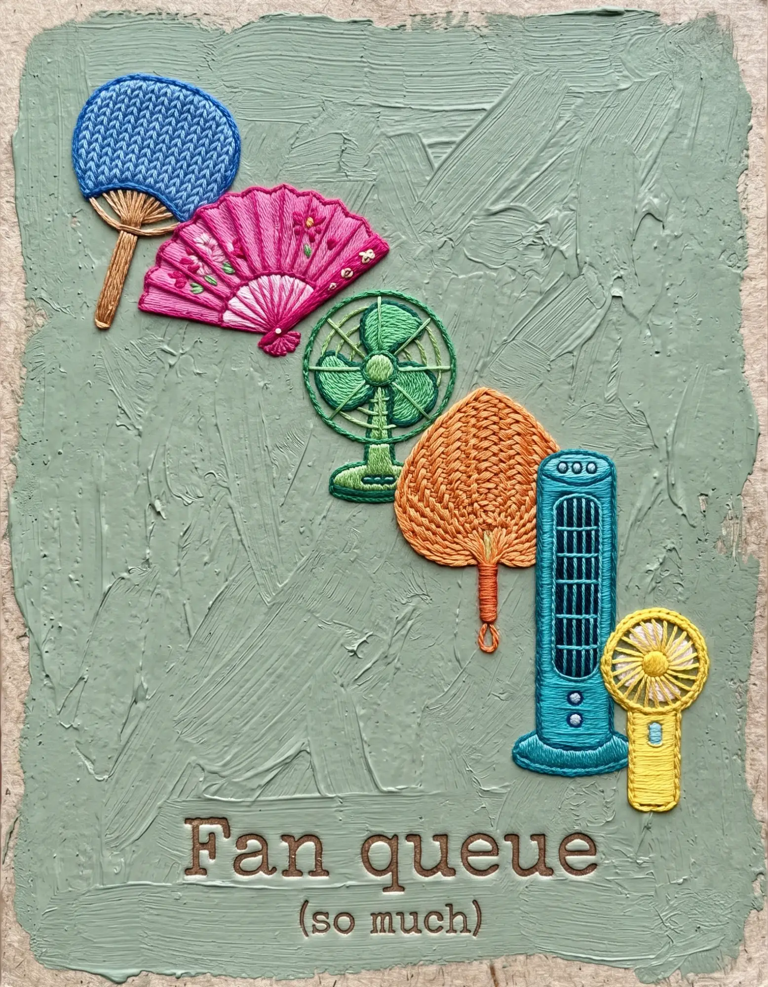 Thank you card with embroidered fan designs on a textured background.