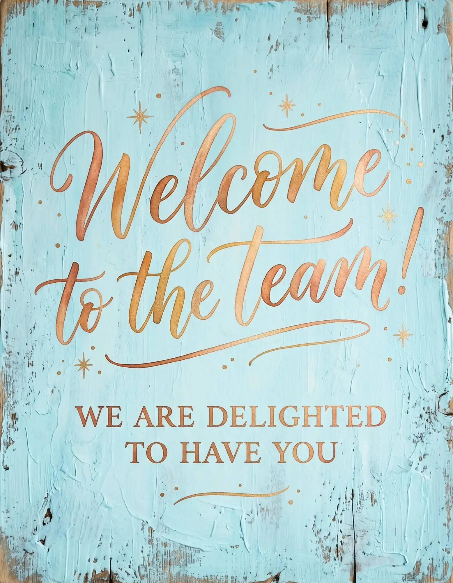 Welcome card with elegant gold lettering on pastel blue background.
