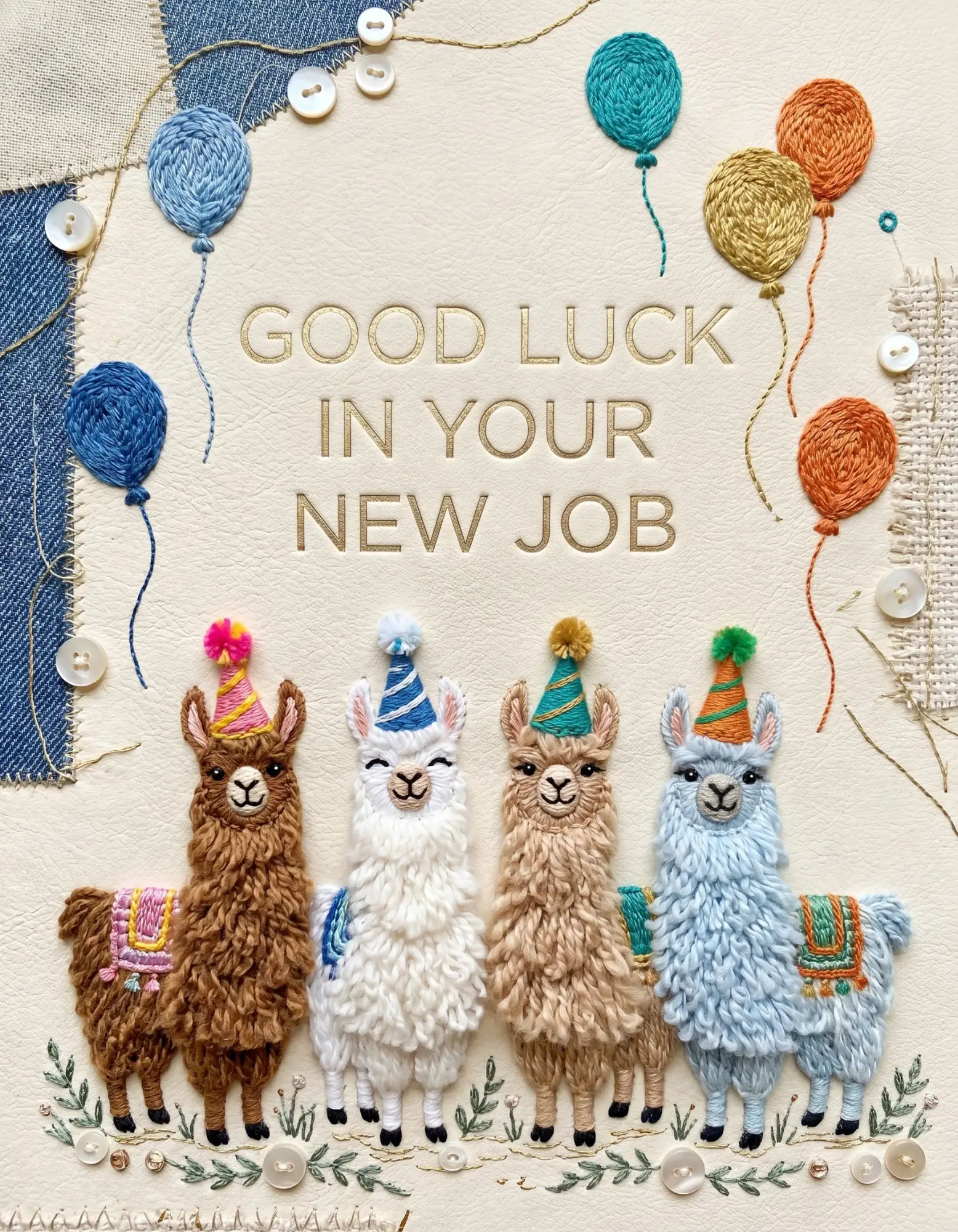 Leaving card with playful llamas in party hats, featuring embroidered balloons.
