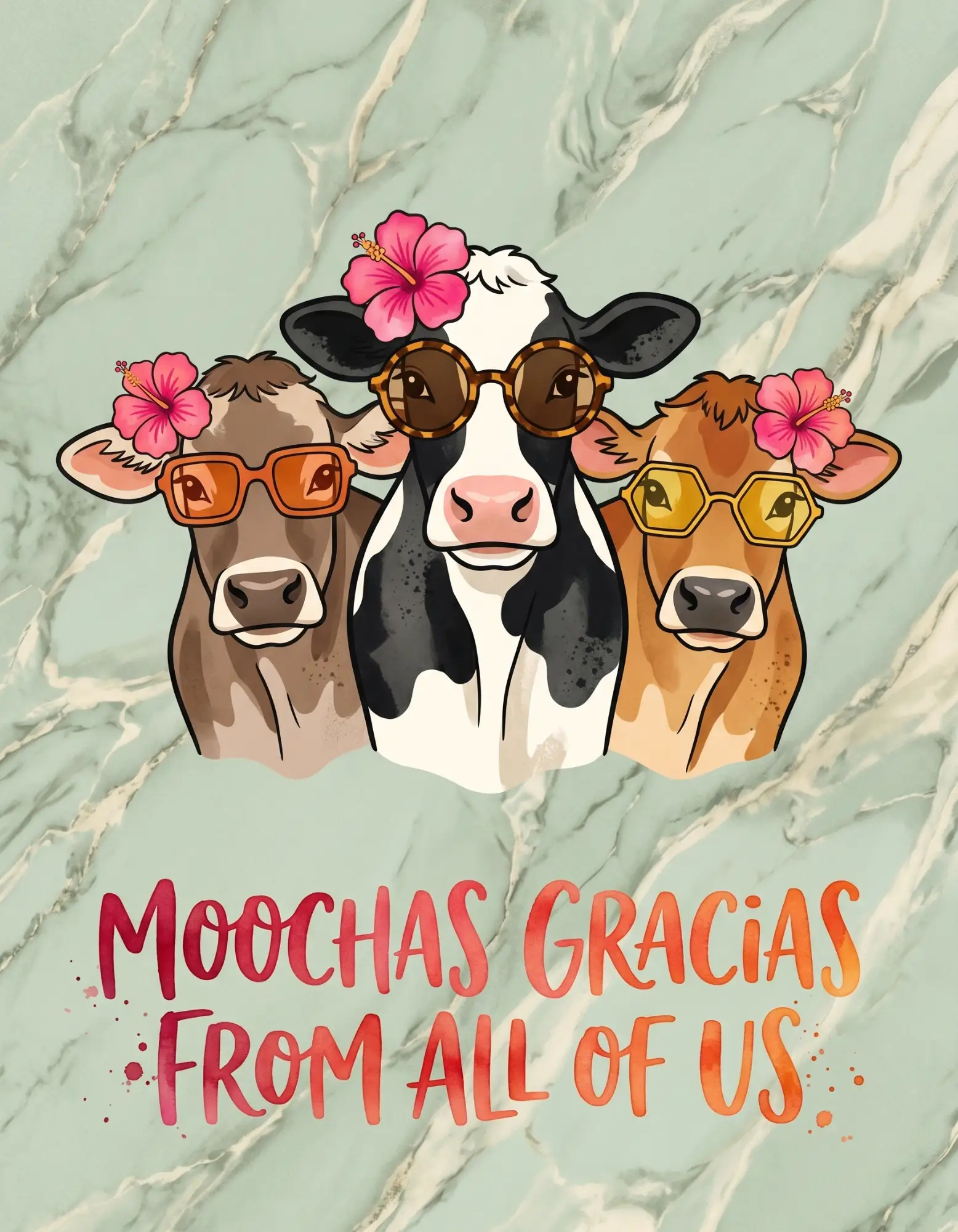 Thank you card with cartoon cows in sunglasses.
