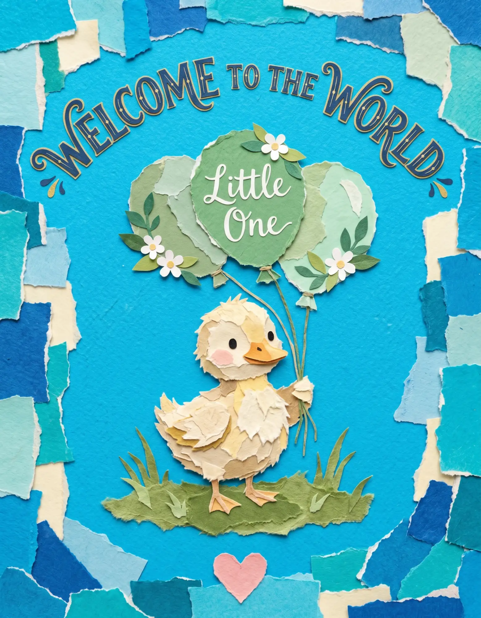New baby card with a cartoon duckling and balloons.