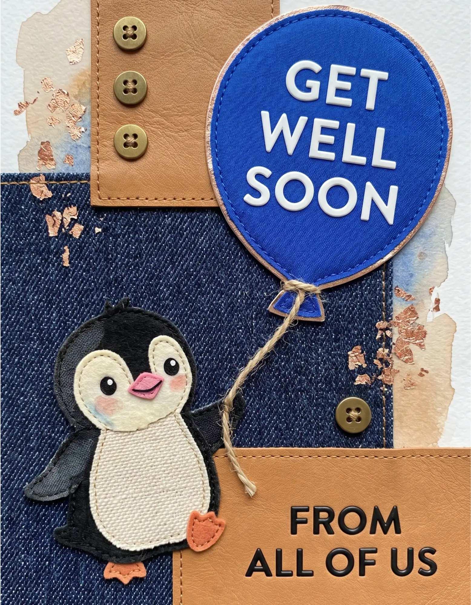 Get well soon card with a cartoon penguin and denim motif.