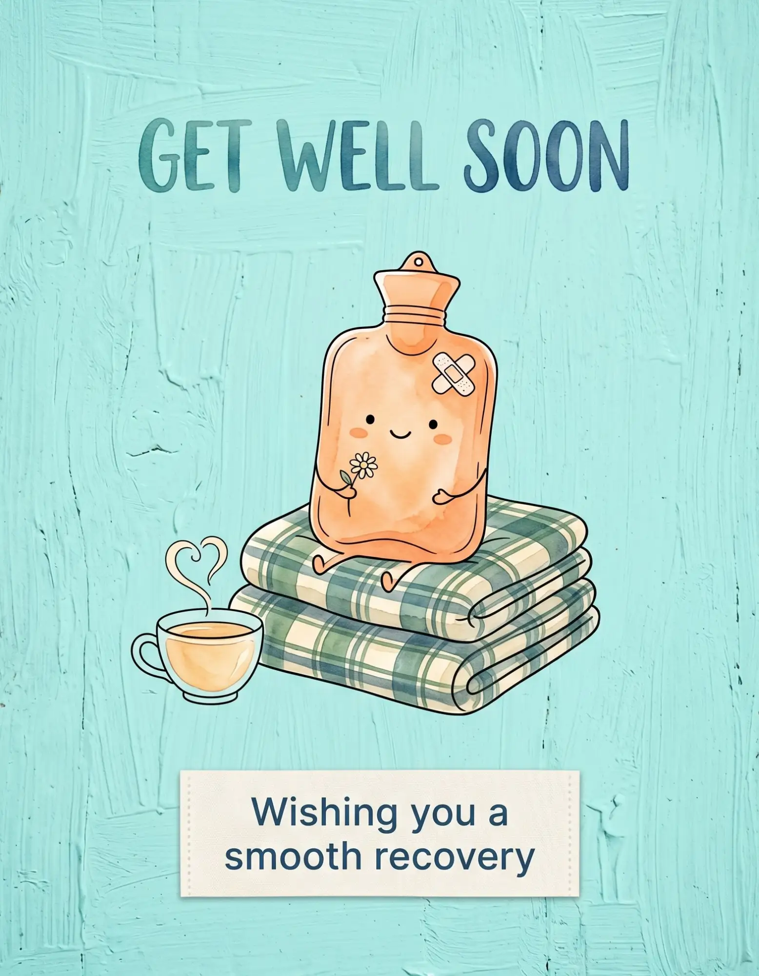 Get well soon card with a cartoon hot water bottle and pastel blue background.