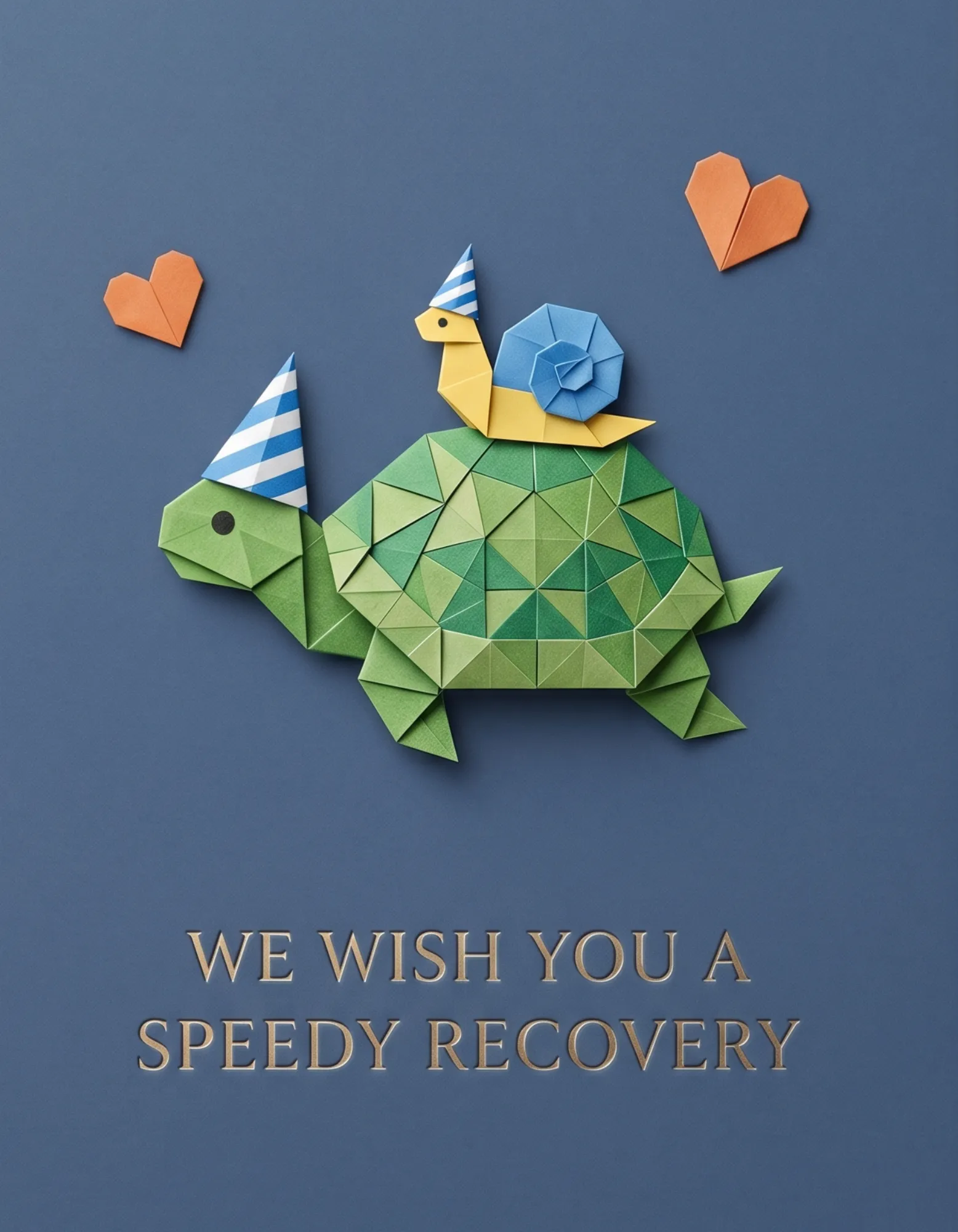 Get well soon card with a geometric origami turtle and snail.