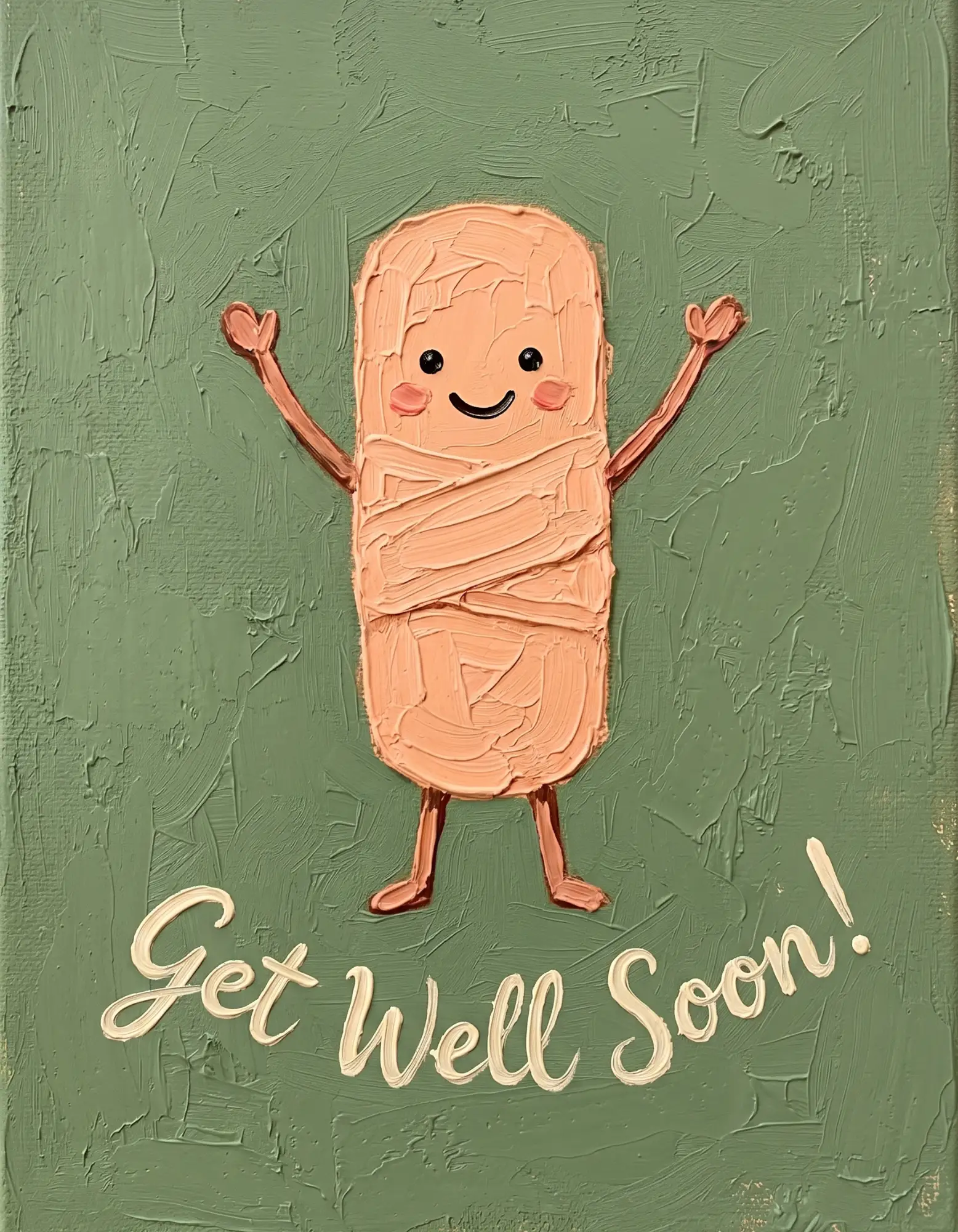 Get well soon card with a cartoon bandage character on a green background.