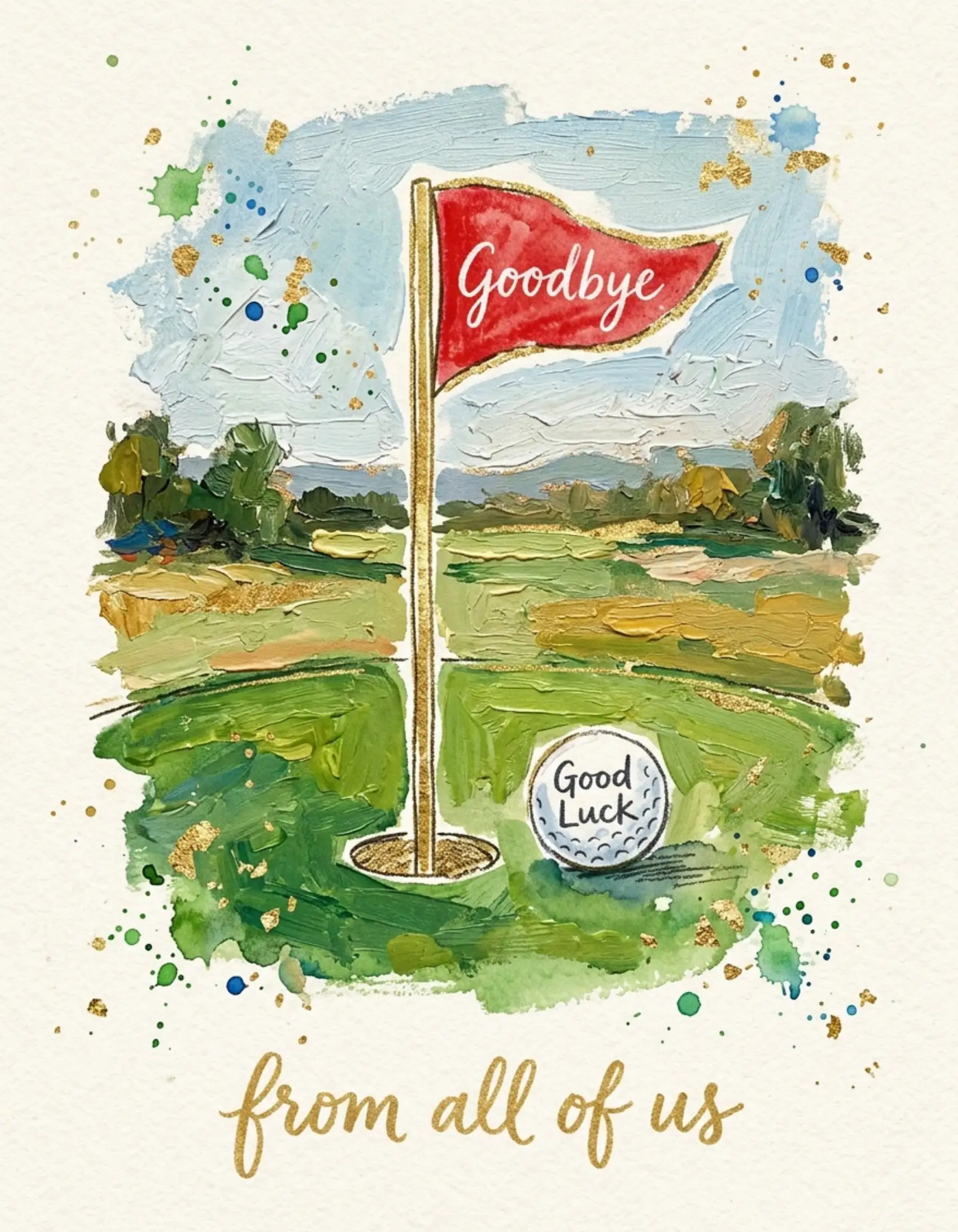 Leaving card with a hand-painted golf course design.