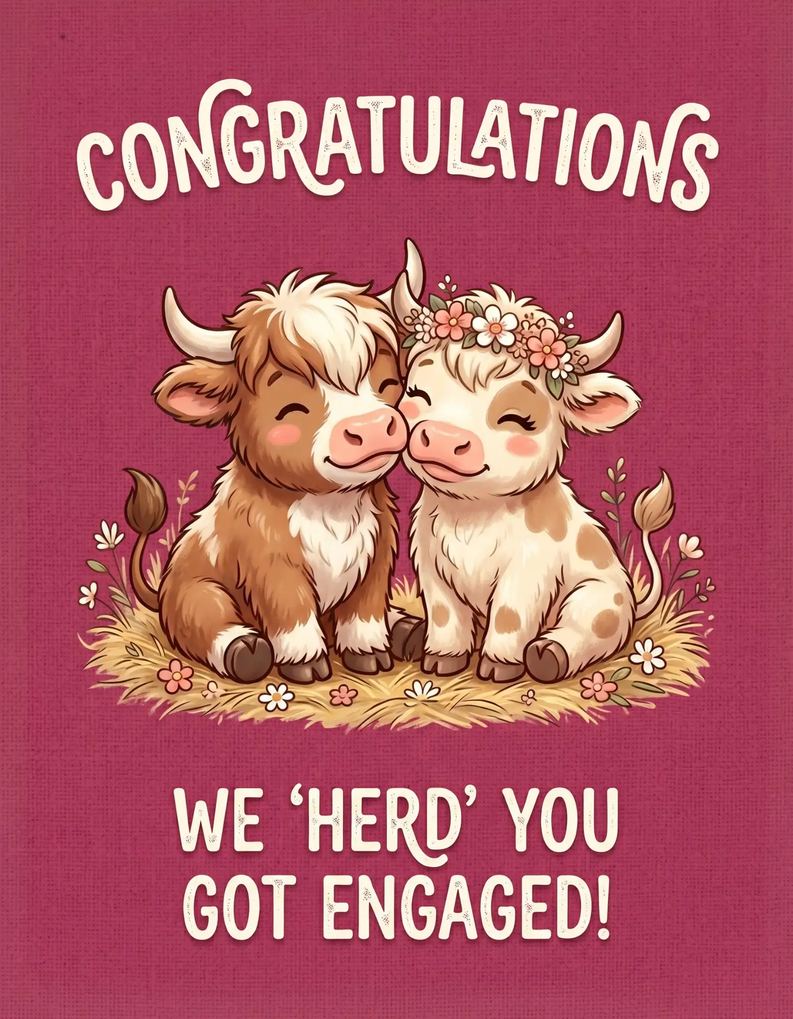 Engagement card with playful cartoon cows on pink background.