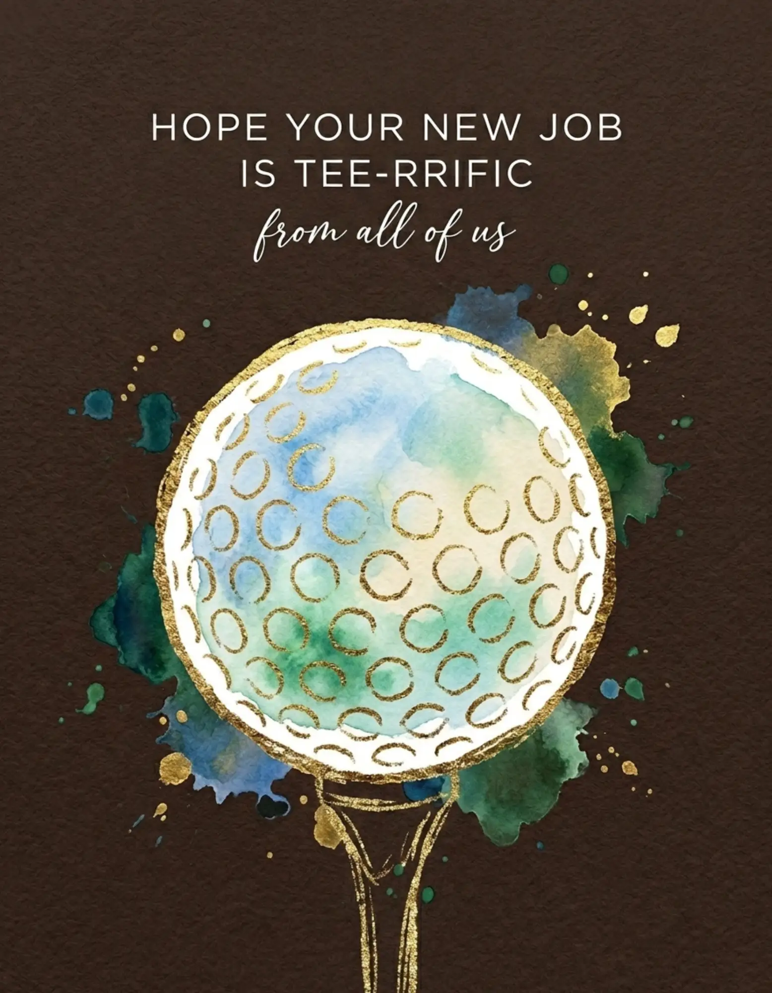 Leaving card with a watercolour golf ball motif.