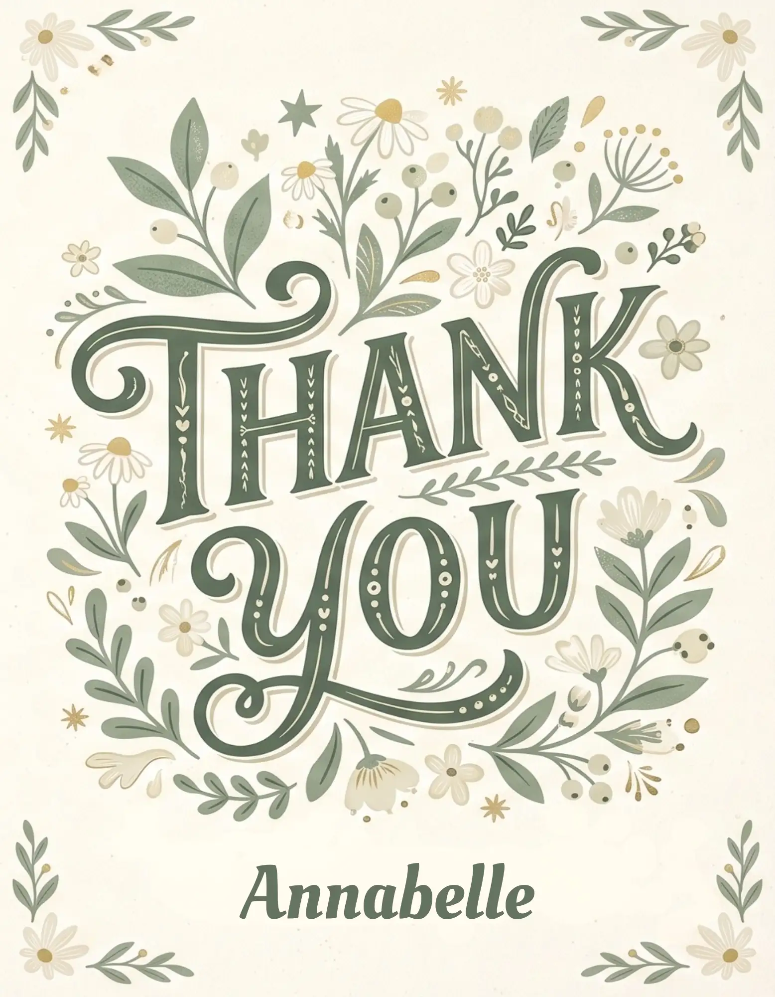 Thank you card with a floral design and hand-drawn leaves and flowers.