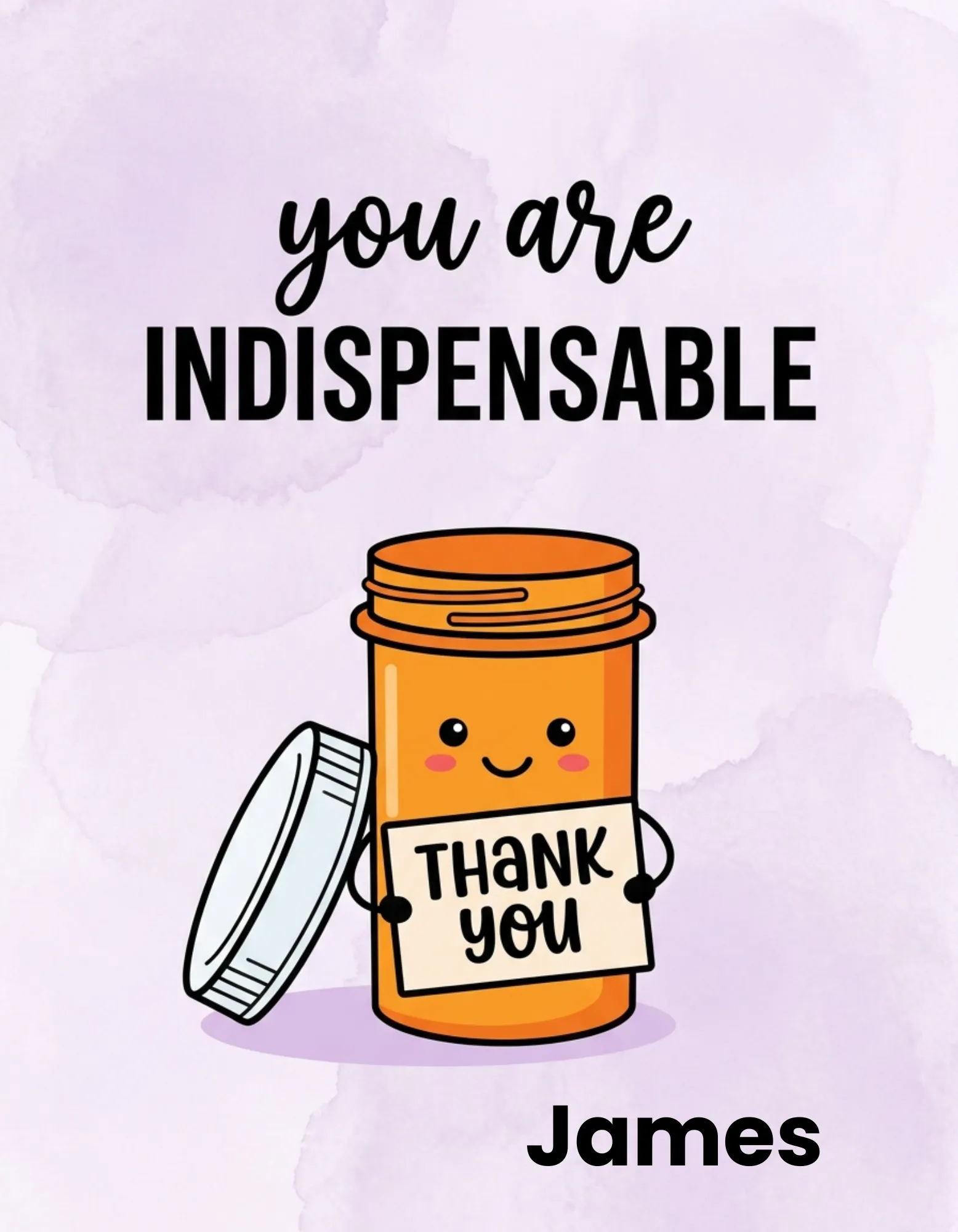 Thank you card with a cartoon medicine bottle on a pastel purple background.