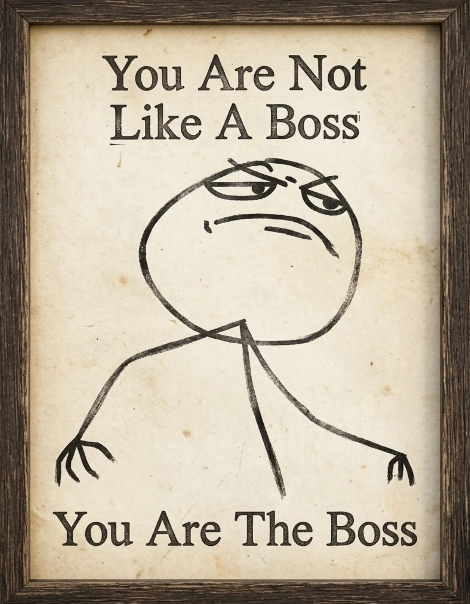 Funny boss card with a hand-drawn character illustration.