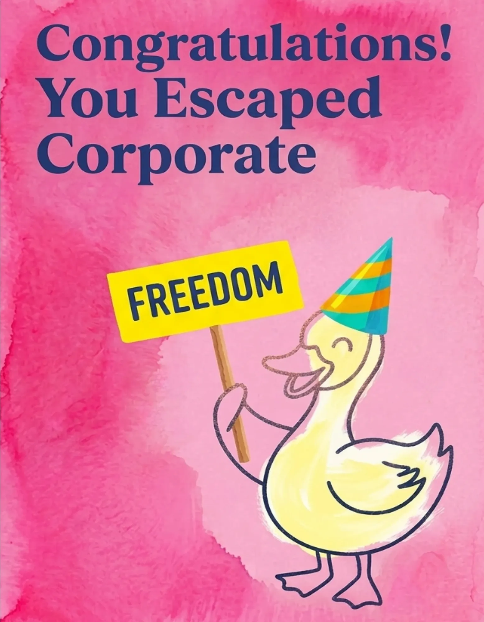 Retirement card with a cartoon duck on a pink background.