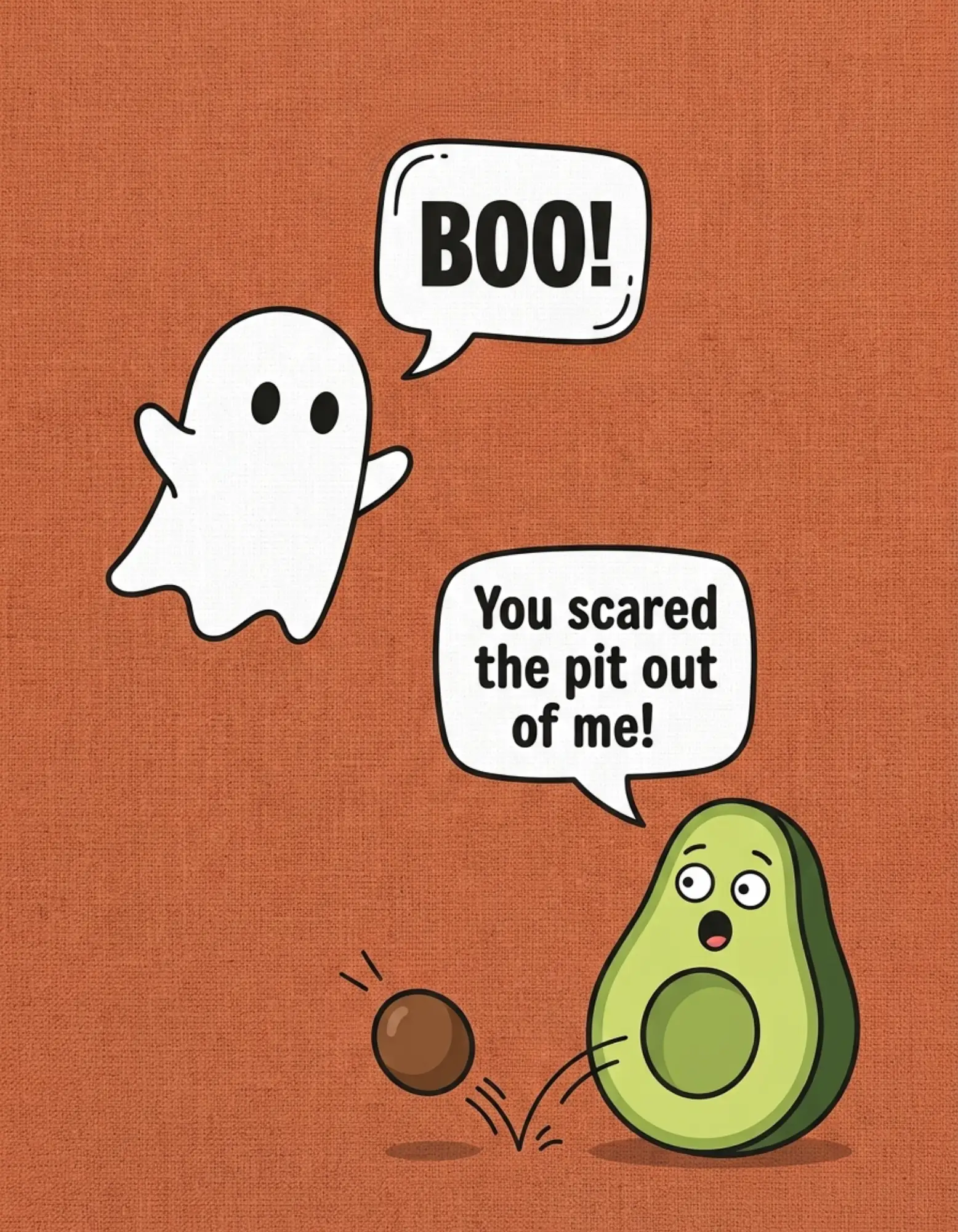 Halloween card with a cartoon ghost and avocado on an orange background.
