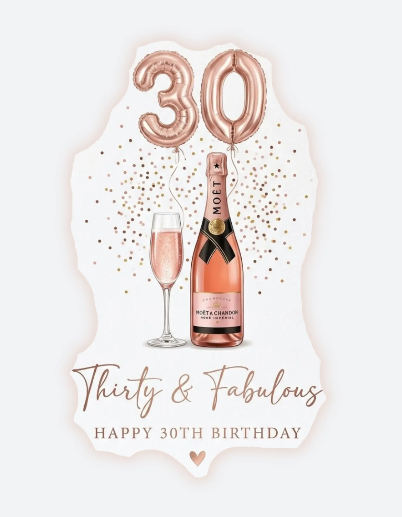 Elegant 30th birthday card with champagne motif and rose gold accents.