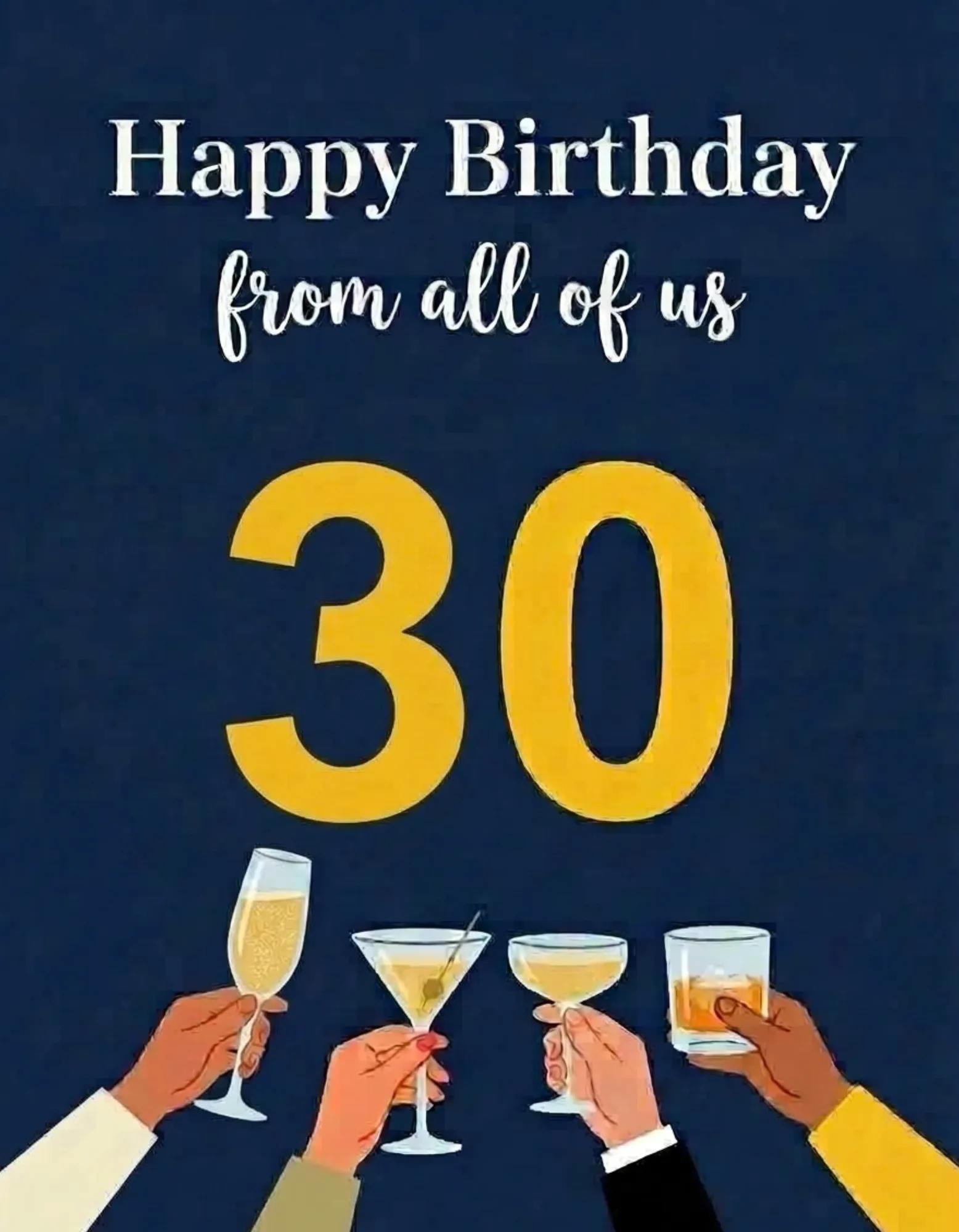 Elegant 30th birthday card with gold accents on navy.