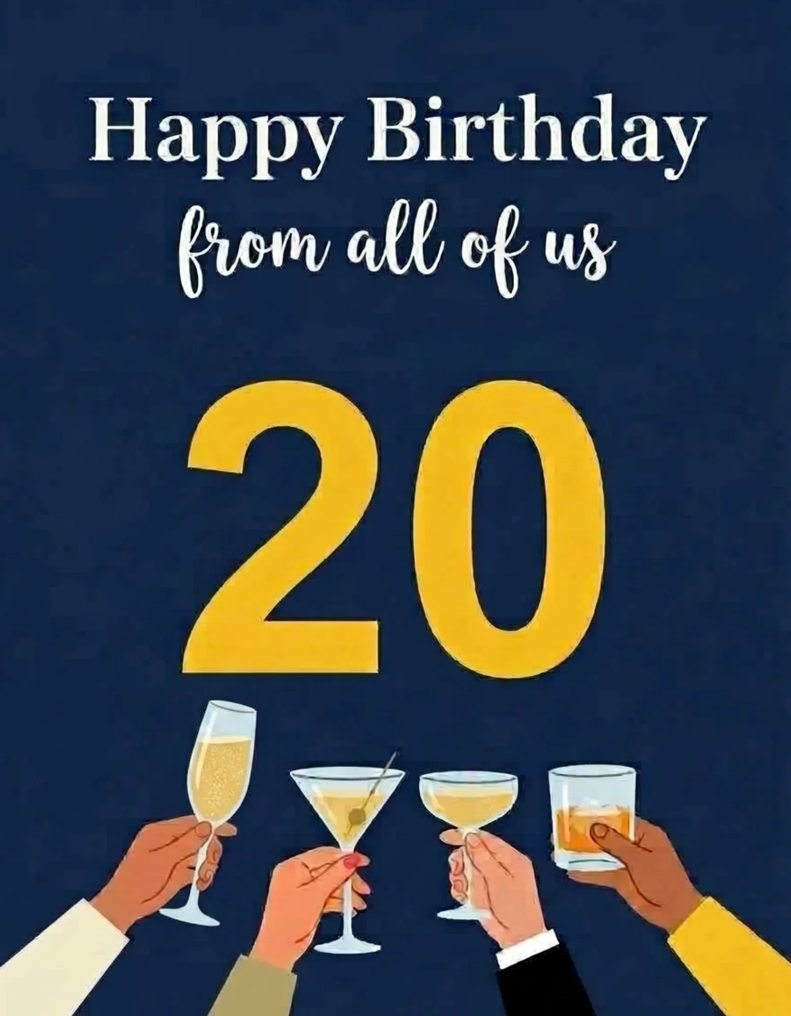 Birthday card with gold accents on navy and celebratory drinks.