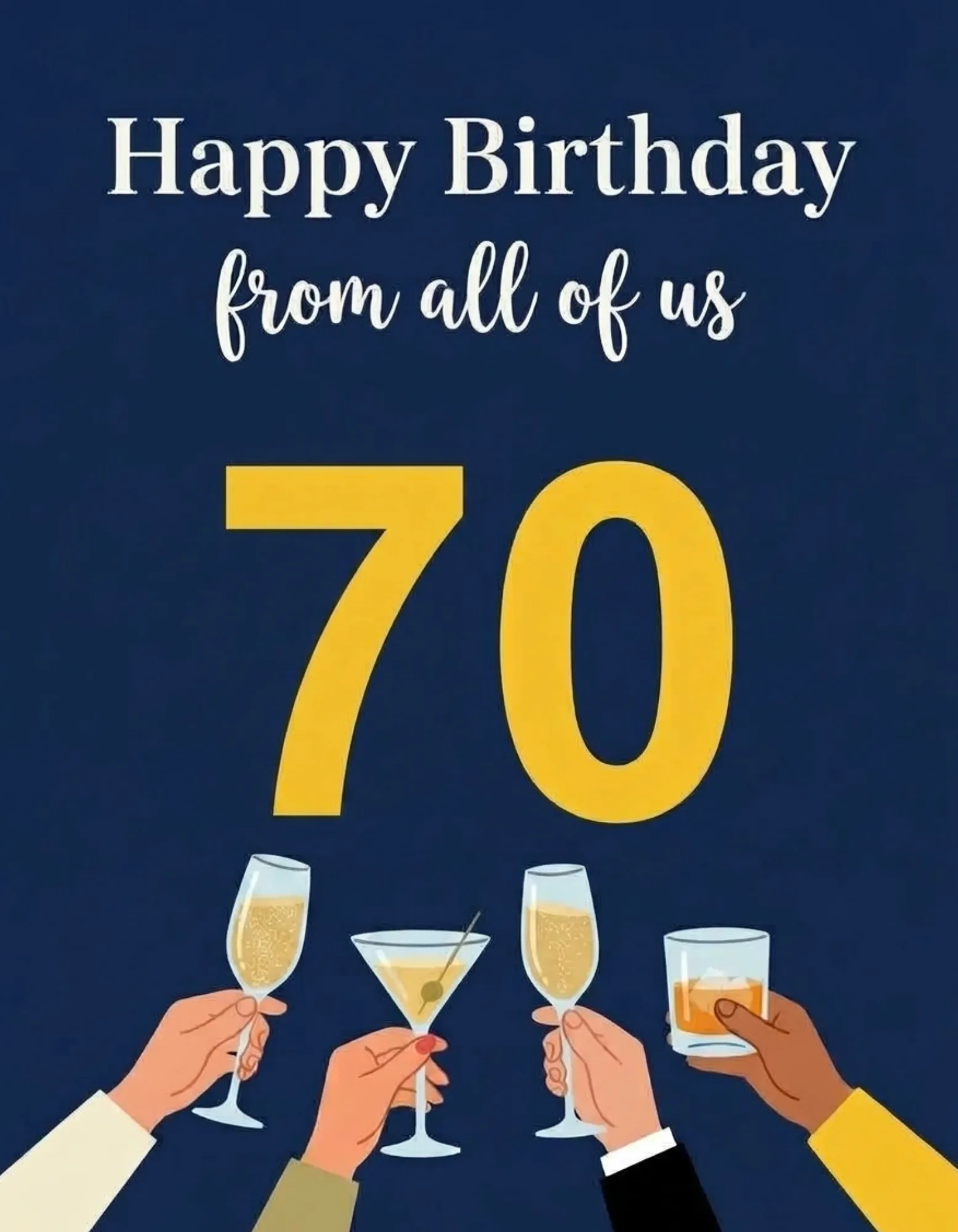 Birthday card with elegant gold accents on navy, featuring hands raising glasses in a toast.