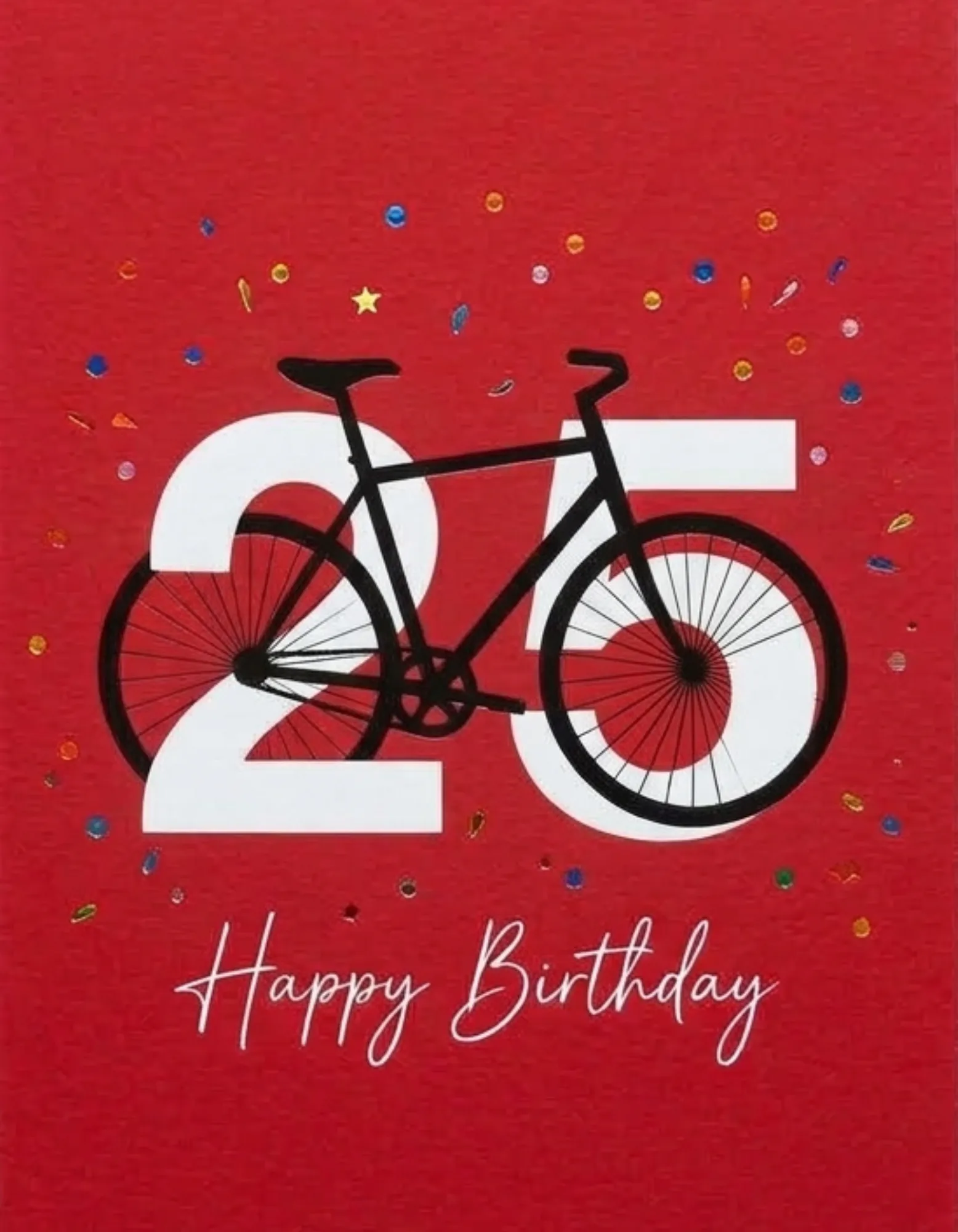 Birthday card with a bicycle motif on a red background.