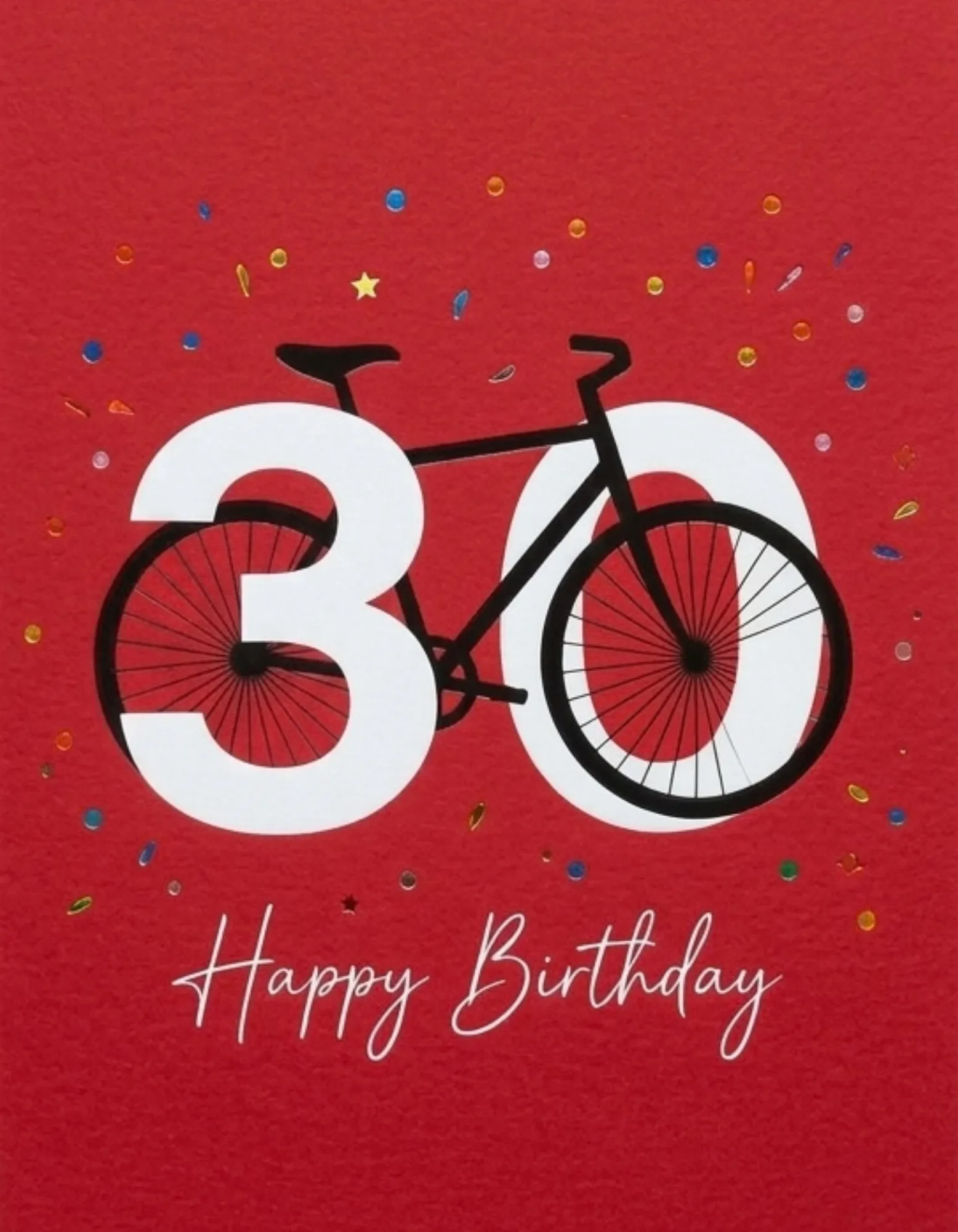 Birthday card with bicycle motif on a red background for a 30th celebration.
