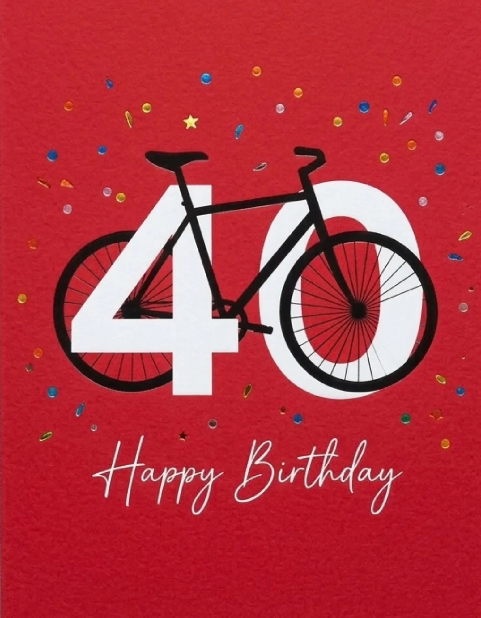 Birthday card with bicycle motif on red for a 40th celebration.