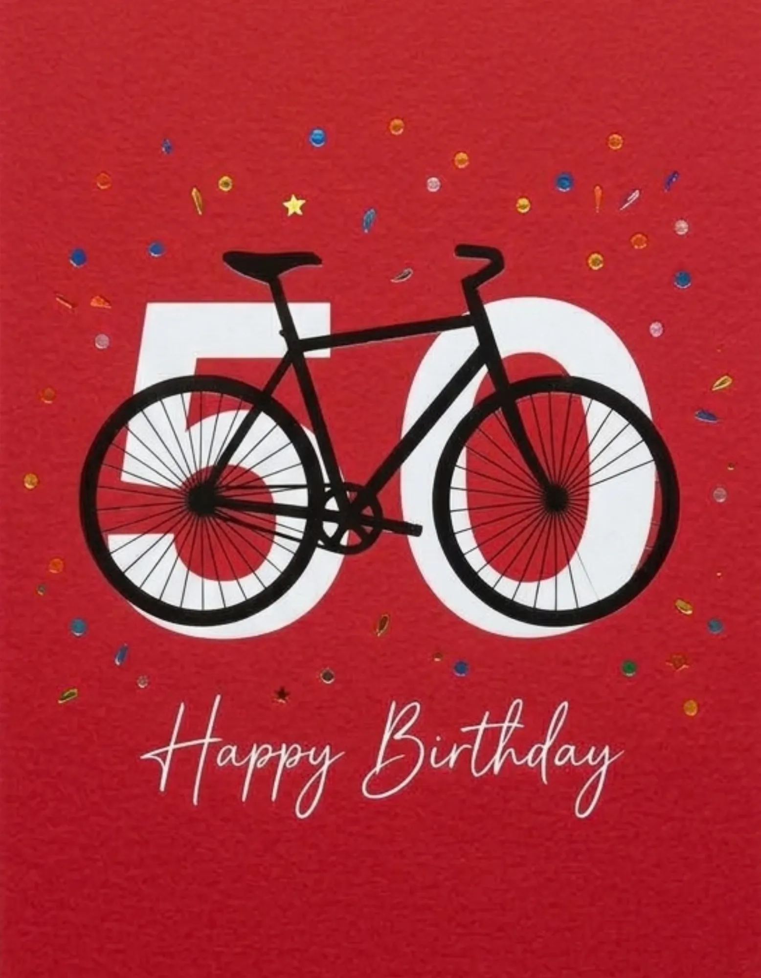 Birthday card with a bicycle motif on a red background.