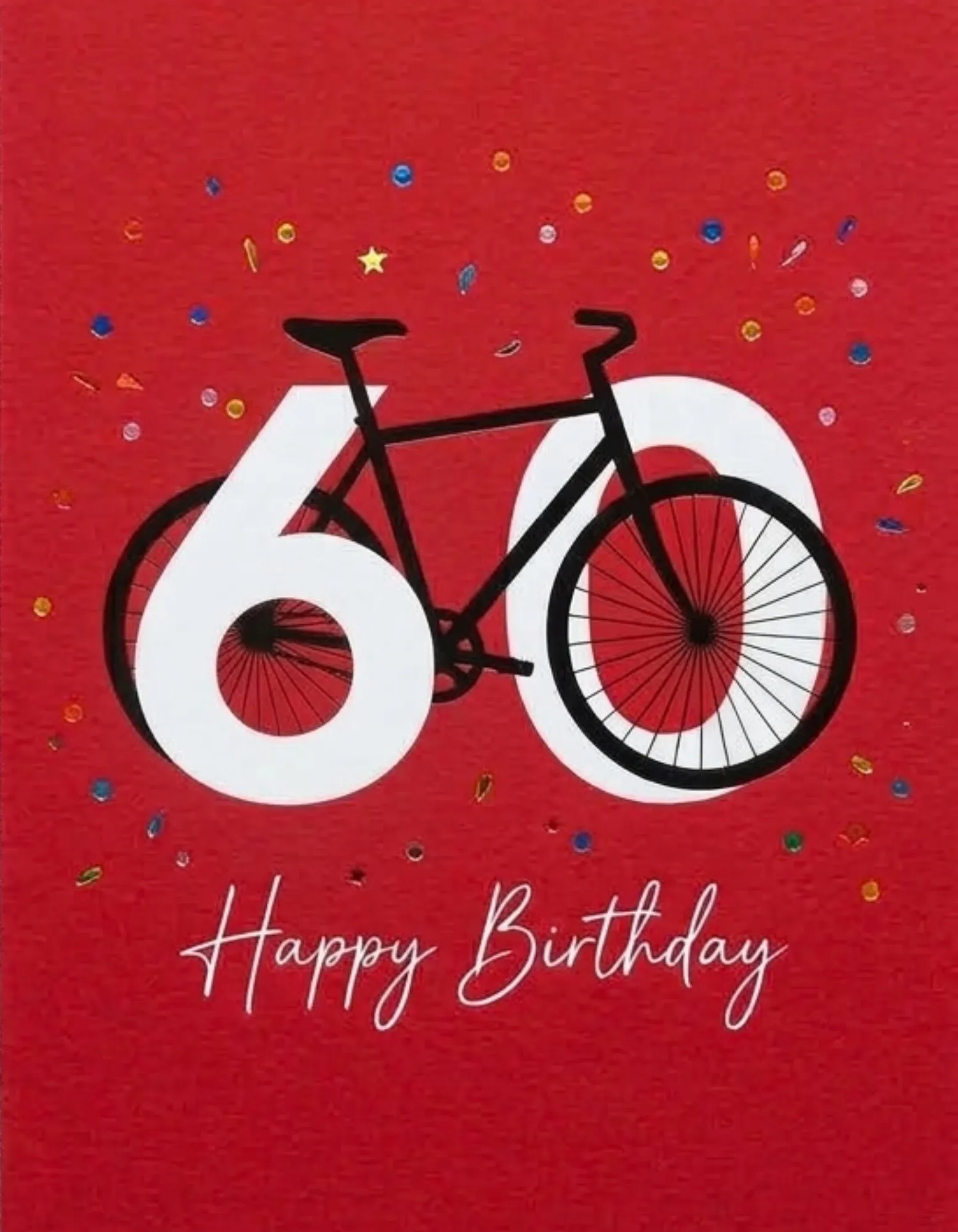 60th birthday card with a bicycle motif on a red background.