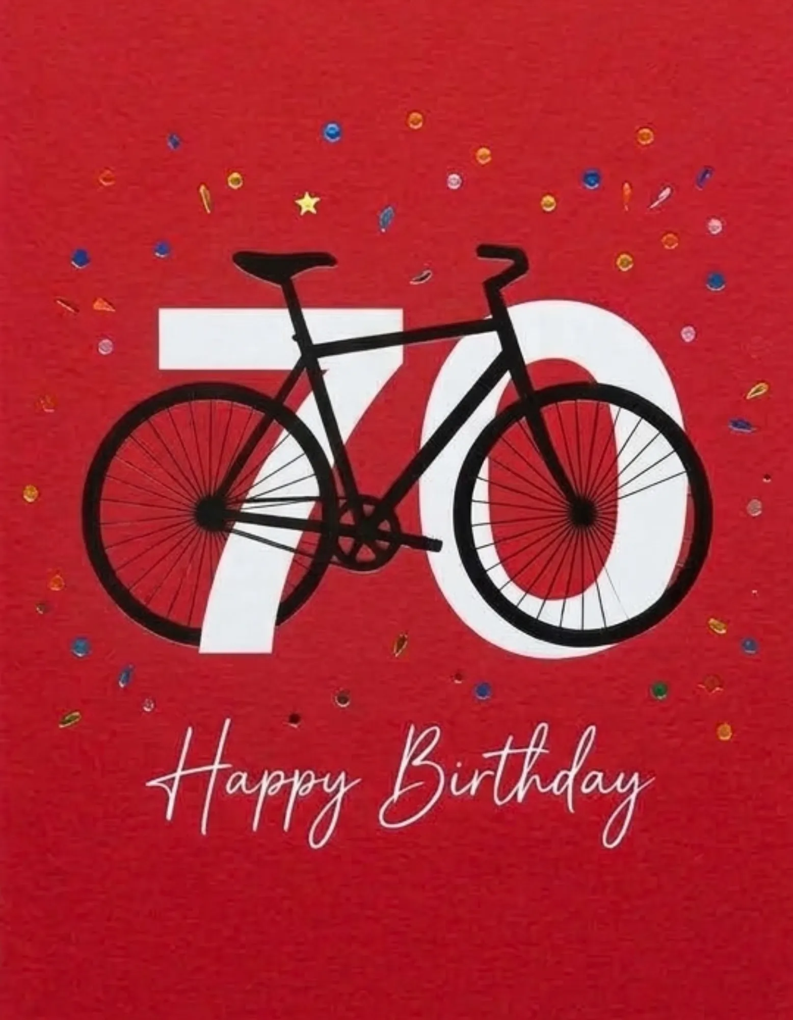 Vibrant birthday card with a minimalist bicycle for a 70th celebration.