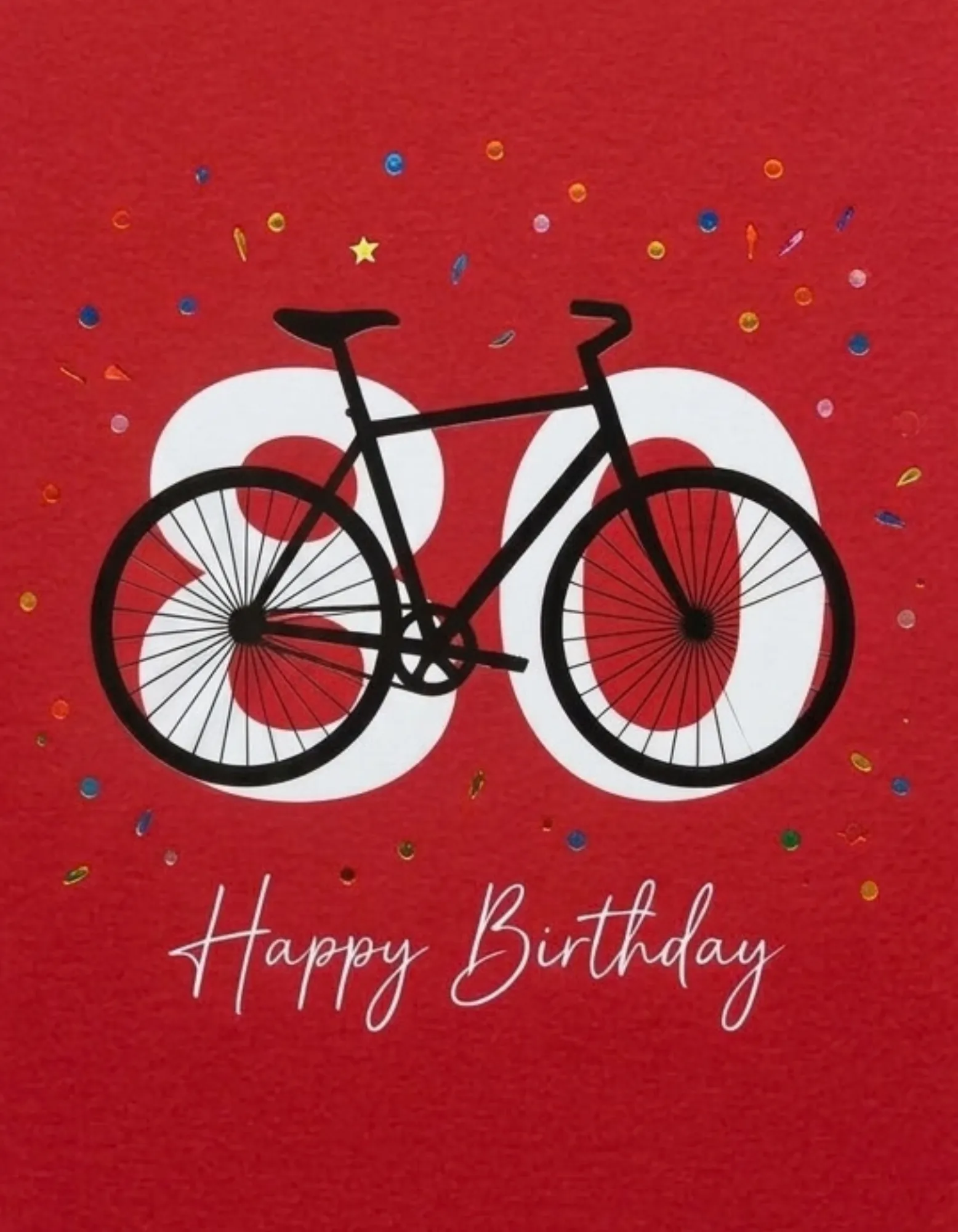 Birthday card with a bicycle motif on a red background.