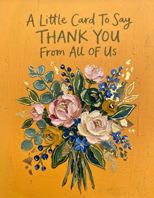 Vibrant hand-drawn flower bouquet on soft pink background, perfect thank you card for teachers and educators.