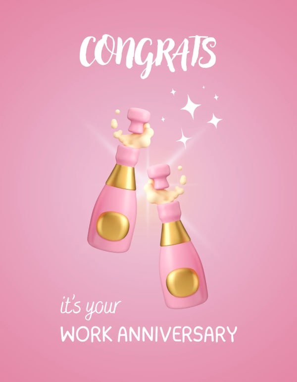 Vibrant work anniversary card featuring pink champagne bottles popping corks with bubbles and golden stars in a festive de...