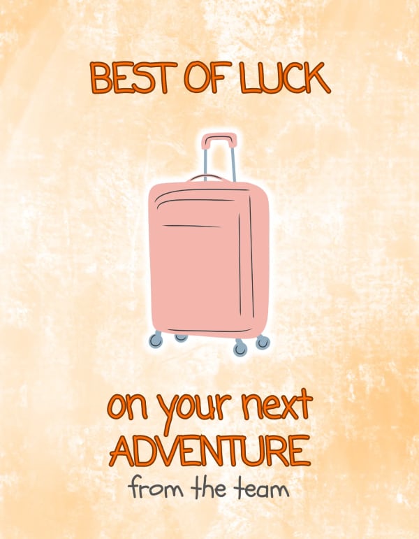 Warm group leaving card featuring a charming pink suitcase, symbolizing new journeys and farewells for colleagues or friends.