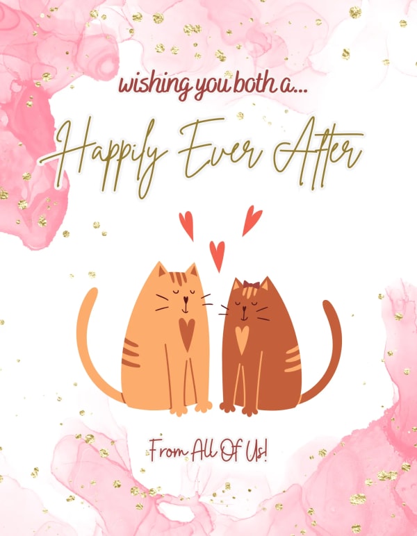 Cute wedding card featuring two smiling cats with heart patches, pink watercolor background, and floating red hearts.