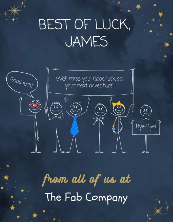 Warm group leaving card with a team illustration, customizable for a heartfelt farewell and best wishes.