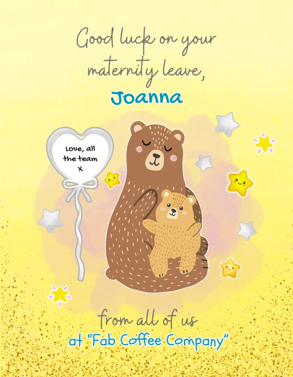 Heartwarming group maternity card with mother and baby bear illustration, customizable for baby shower or maternity leave...