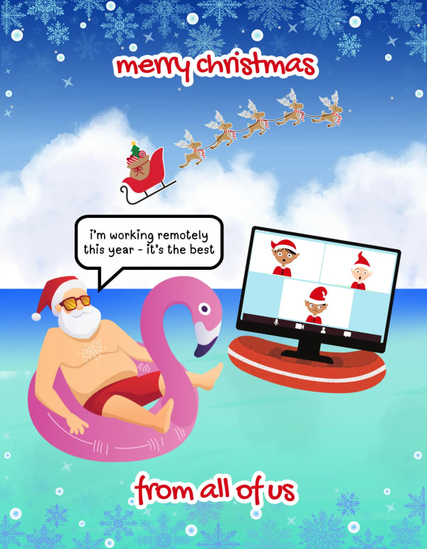 Humorous Christmas card featuring Santa on a flamingo in the ocean, video calling shocked elves about remote work.