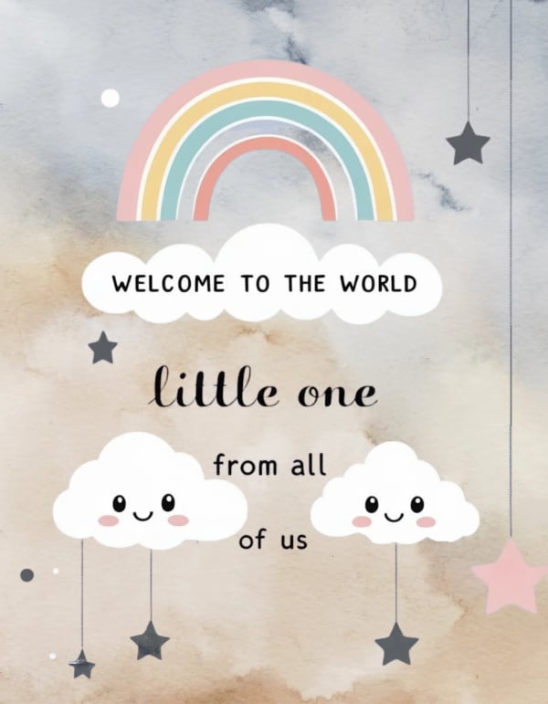New baby card with pastel rainbow, smiling clouds, and stars