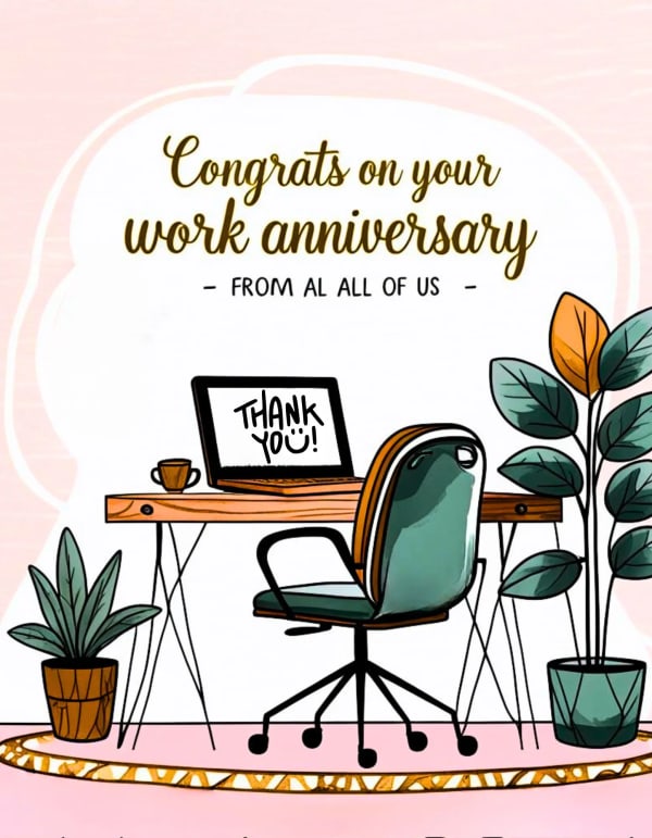 Group work anniversary card with illustrative office desk, chair, laptop, and potted plants on soft background