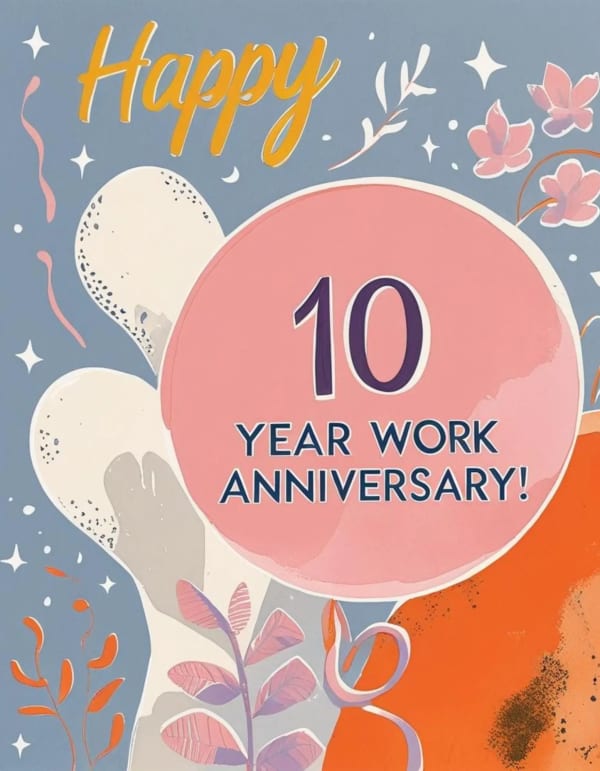 Group work anniversary card with a central circular design, abstract shapes, flowers, and stars on a blue-grey background.