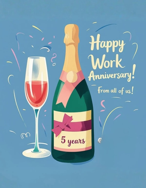 Celebratory work anniversary card with champagne bottle and wine glass, designed for group congratulations.